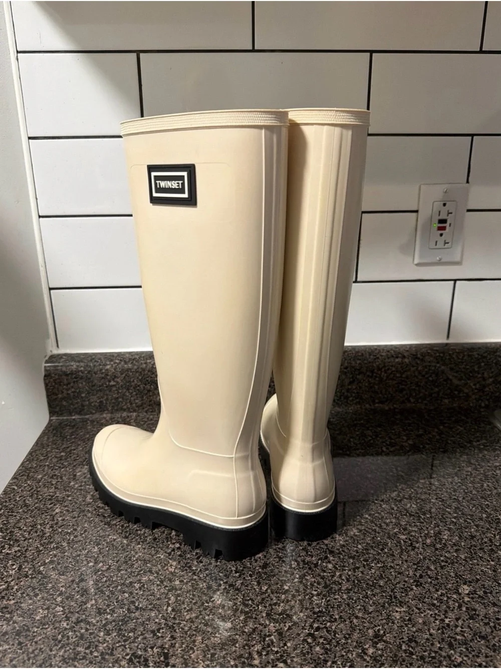 Twin-Set Cream Tall Women's Rain Boots with Black Sole